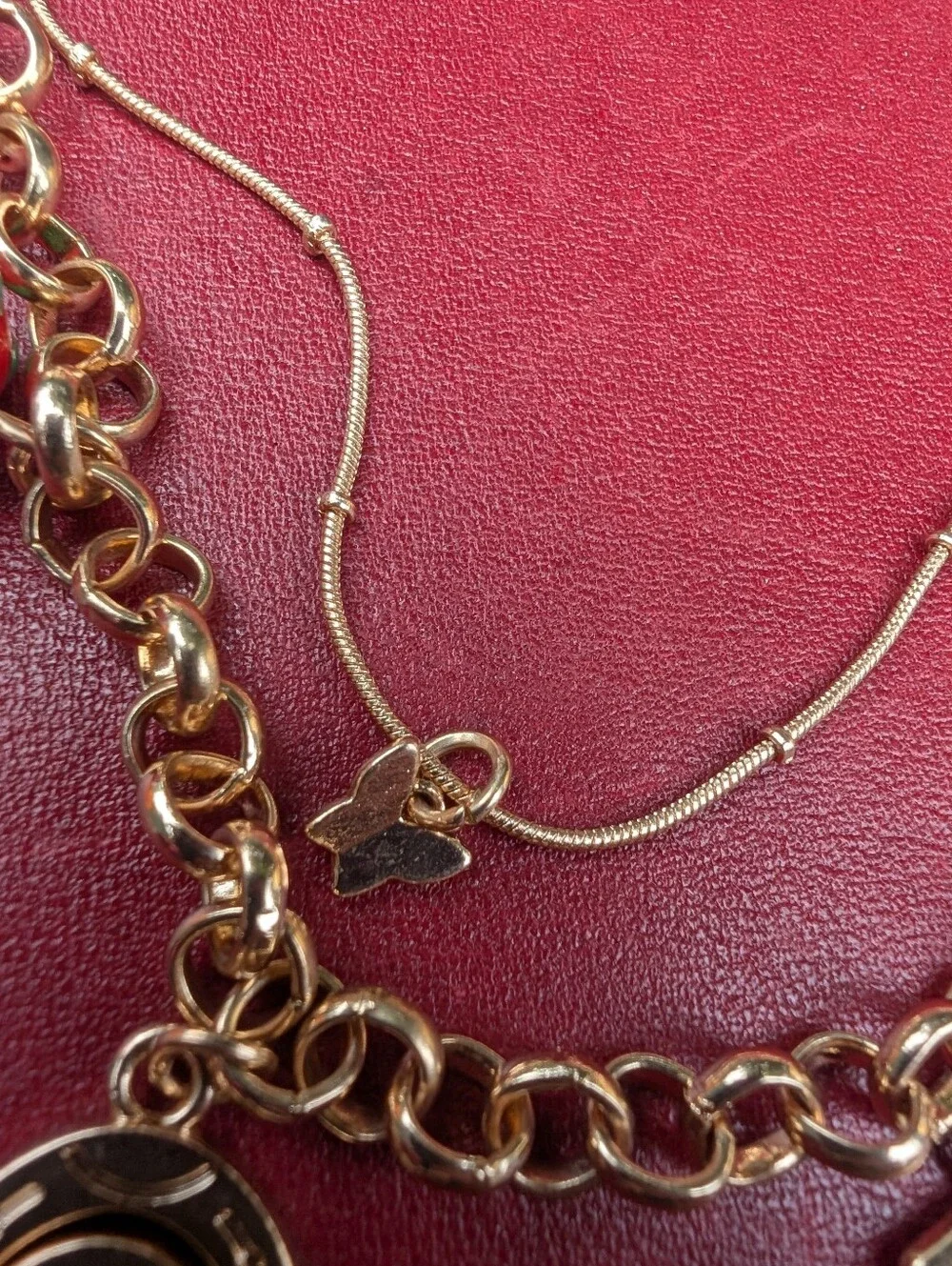Gold-Tone Charm Necklace with Red Strawberry and Glass Heart